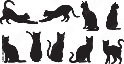 Set of 9 Black Cat Silhouettes Vector Collection in Various Poses for Pet Shop Logos, Animal Graphics, and Web Design Elements