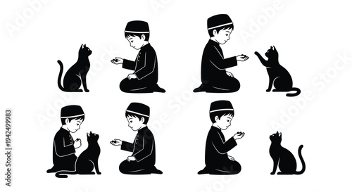 Black and white illustration of children interacting with cats