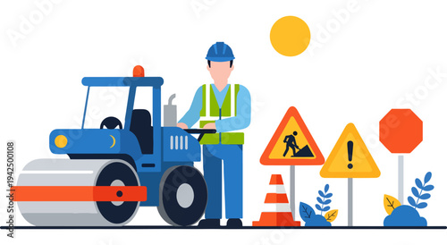 Construction worker directing traffic with road maintenance equipment and signs. Vector