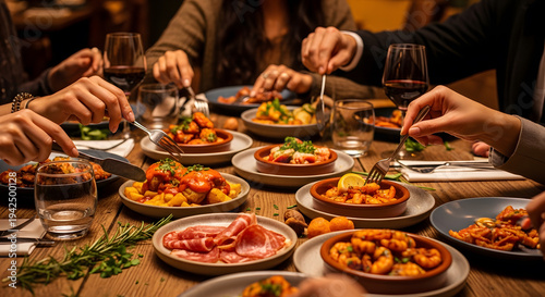 People sharing various appetizers and small plates during a festive dinner party at a wooden restaurant table