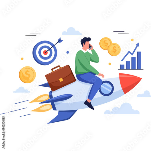 Ambition and success illustrated by a man riding a rocket with business tools Vector