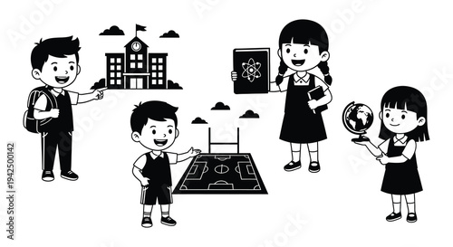 Children engaged in learning activities with school building and educational icons