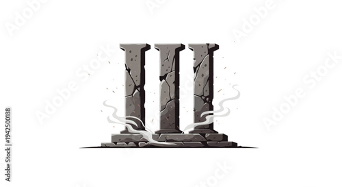 Stylized depiction of three crumbling stone columns, intricately forming the Roman numeral III, symbolizing an ancient era, historical decay, and timeless strength
