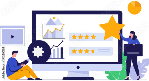 Professionals analyzing customer feedback and service success metrics on digital platforms Vector