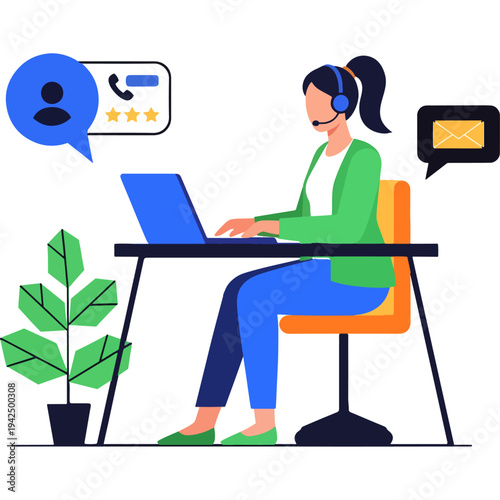 Professional woman engaging in a video call while working on her laptop Vector