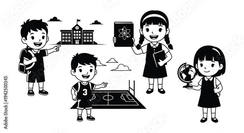 Children engaged in learning activities with school building and educational icons