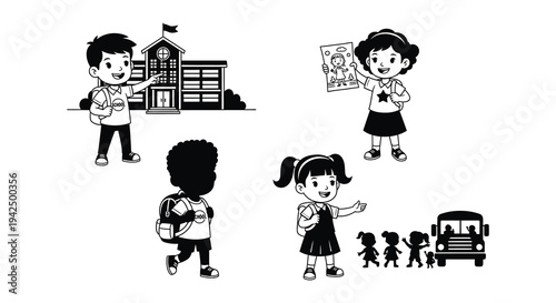 Children engaged in learning activities with school building and educational icons