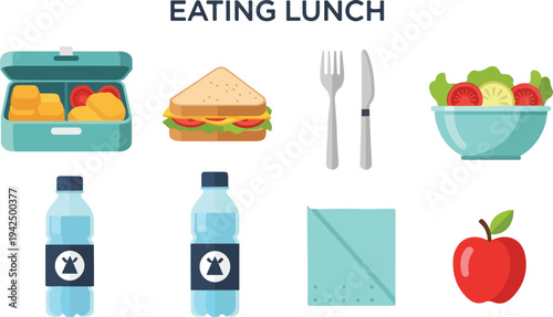 Illustration of a lunch with a sandwich salad water bottles and an apple