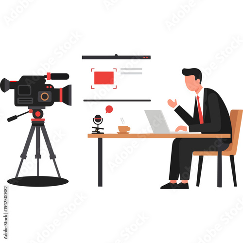 Professional conducting a live interview with a video camera and laptop setup Vector