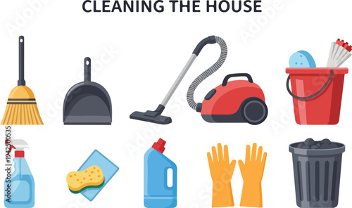 Illustration of cleaning tools arranged on a white background Includes a broom dustpan vacuum bucket spray bottle sponge cleaner gloves and trash can