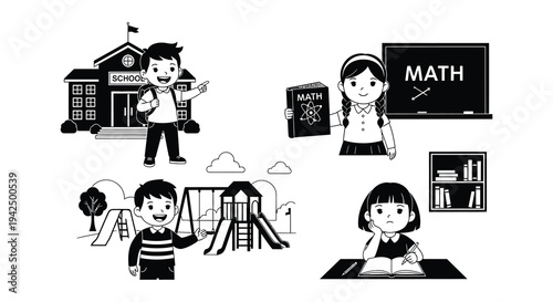 Children engaged in learning activities with school building and educational icons