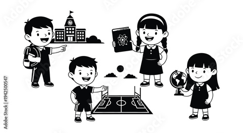 Children engaged in learning activities with school building and educational icons