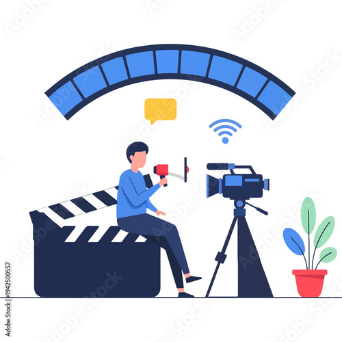 Creative professional filming a video with modern multimedia elements surrounding him. Vector