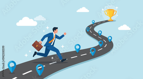 Businessman Running on Winding Road Towards Gold Trophy Success Concept Illustration
