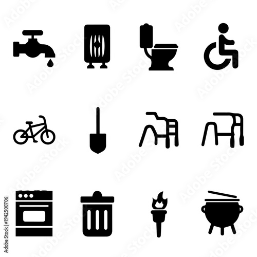 Collection of black icons representing daily life objects and activities on white background