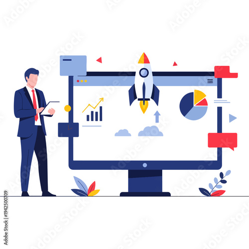 Business professional analyzing data on a large digital screen with analytics icons Vector