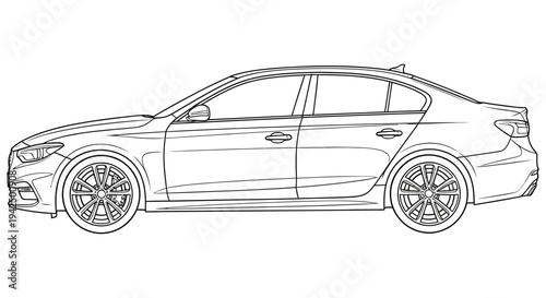 Modern four door sedan car illustration showcasing sleek design and sporty features in a clean and simple line art style on a white background