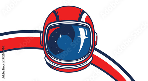 Astronaut helmet reflecting starry cosmos and iconic symbol