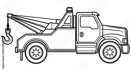 Tow truck with a hook and boom illustrated in black and white line art style ready for towing services