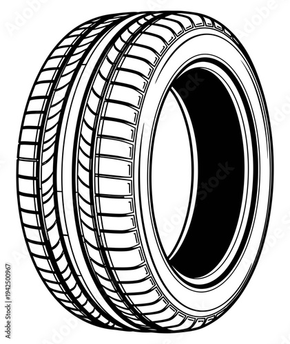 Black and white illustration of a car tire with detailed tread pattern and rim design on a plain white background