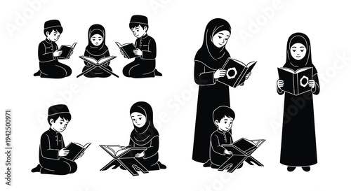 Black and white illustration of children and adults reading religious texts