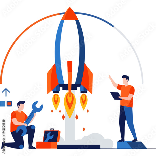 Team launching a rocket towards new technological horizons and innovation Vector