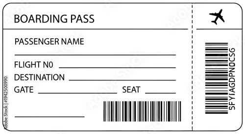 Airline boarding pass with blank fields for passenger information and travel details displayed on a plain white background