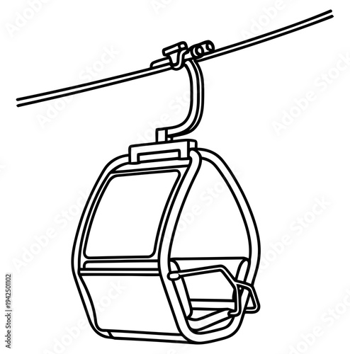 A simple black and white illustration of a cable car gondola hanging from a cable