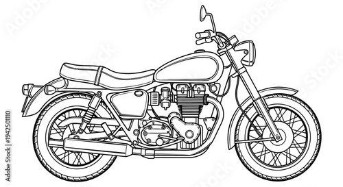 Classic motorcycle illustration with exposed engine and detailed mechanical components showcasing vintage bike design and style for enthusiasts and collectors.