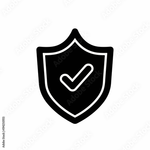 Black and white vector icon of a shield with a checkmark, representing security, protection, approval, and verification for web design, apps, and digital interfaces.