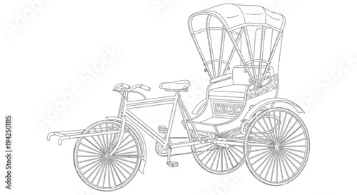 Classic pedicab rickshaw with detailed wireframe illustration showcasing traditional transportation method with modern art style