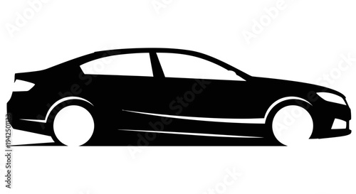 Modern black sedan car silhouette illustration on a white background with sleek design and clean lines representing automotive industry