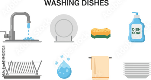 Illustration of dishwashing Depicted faucet plate sponge soap dish rack water droplet towel and stacked plates