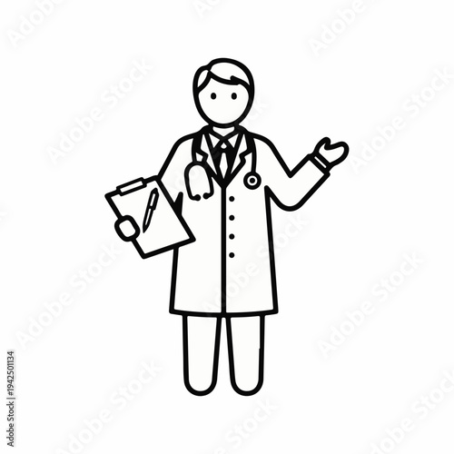 Minimalist black outline doctor icon vector illustration, male medical professional in lab coat holding clipboard, ideal for healthcare websites, apps, and presentations.