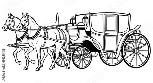 Vintage horse drawn carriage illustration featuring two horses and a classic design element in a simple black and white line art style