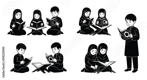 Black and white illustration of children and adults reading religious texts