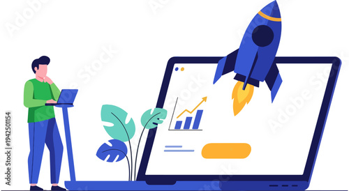 Professional analyzing digital marketing growth and business launch strategies on a laptop Vector