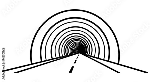 Monochrome illustration of a tunnel with a road perspective view creating an optical illusion of depth