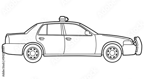 Simple black and white line drawing of a police car illustration with a damaged front end facing right side