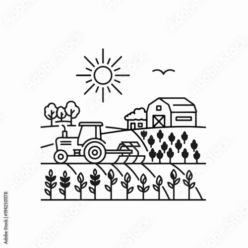 Monoline vector illustration of a tractor plowing a field with a barn, trees, and sun in a rural farm landscape, perfect for agriculture and farming concepts.
