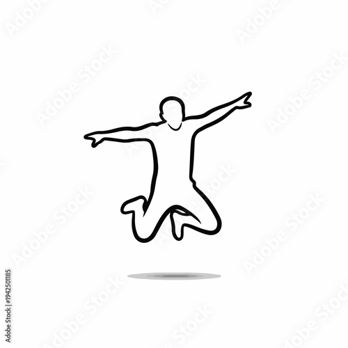 Dynamic black outline vector illustration of a person jumping with arms outstretched, depicting joy, freedom, and energetic movement, ideal for active lifestyle and success concepts.