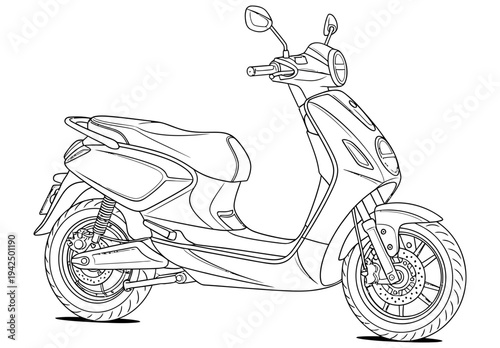 Modern scooter illustration presented in a sleek black and white line art style showcasing its design and features from a side view perspective clearly and effectively.