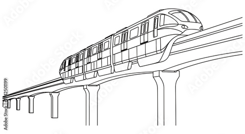 Modern high speed train traveling on elevated tracks depicted in detailed line art drawing showcasing sleek design and advanced transportation technology.