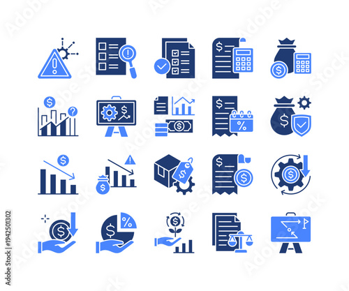 Risk Management Icon Collection,  featuring Risk Management, Legal Document, Operational Cost, Income, Loss, Strategy Planning, Audit.
