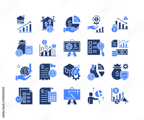 Investment Strategy Icon Collection,  featuring Capital Investment, Dividend Income, Budget Planning, Risk Assessment, Economy Analysis, Equity, Financial.