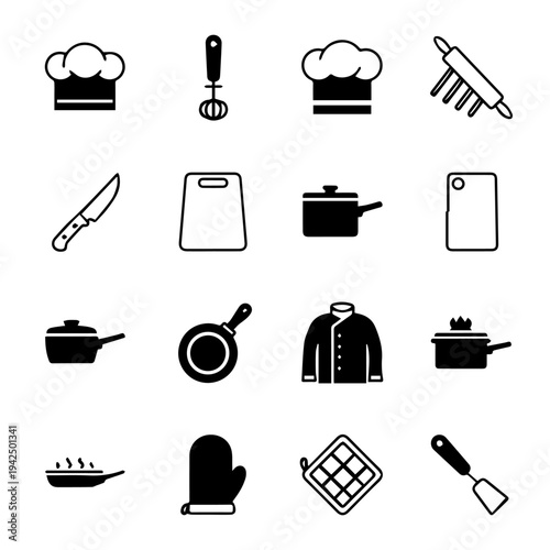 Kitchen utensils and cooking essentials icons displayed neatly in a grid layout