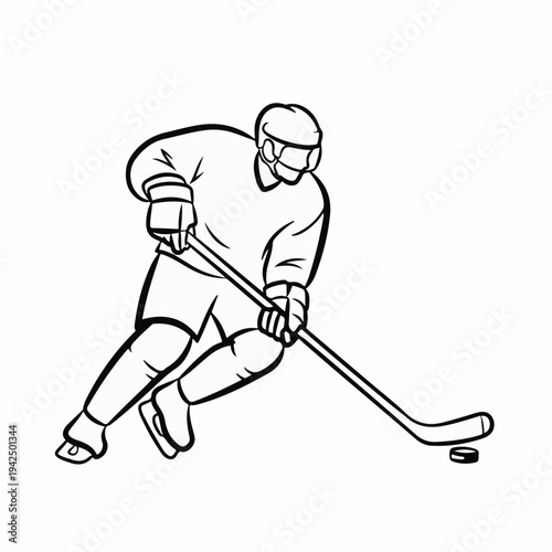 Dynamic Ice Hockey Player Dribbling Puck Vector Illustration in Black and White Outline Style for Sports Graphics and Team Logos