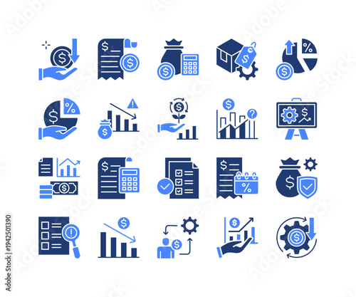 Financial Performance Icon Collection,  featuring Income Stream, Expense Control, Budget Planning, Margin Value, Economic Forecast, Tax Audit, Investment Plan.