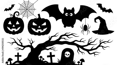 Halloween Silhouette Icon Set with Spooky Tree, Jack-O-Lanterns, Bats, Spider, and Graveyard Elements on White Background