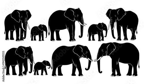 African Elephant Family Silhouette Vector Illustration Collection